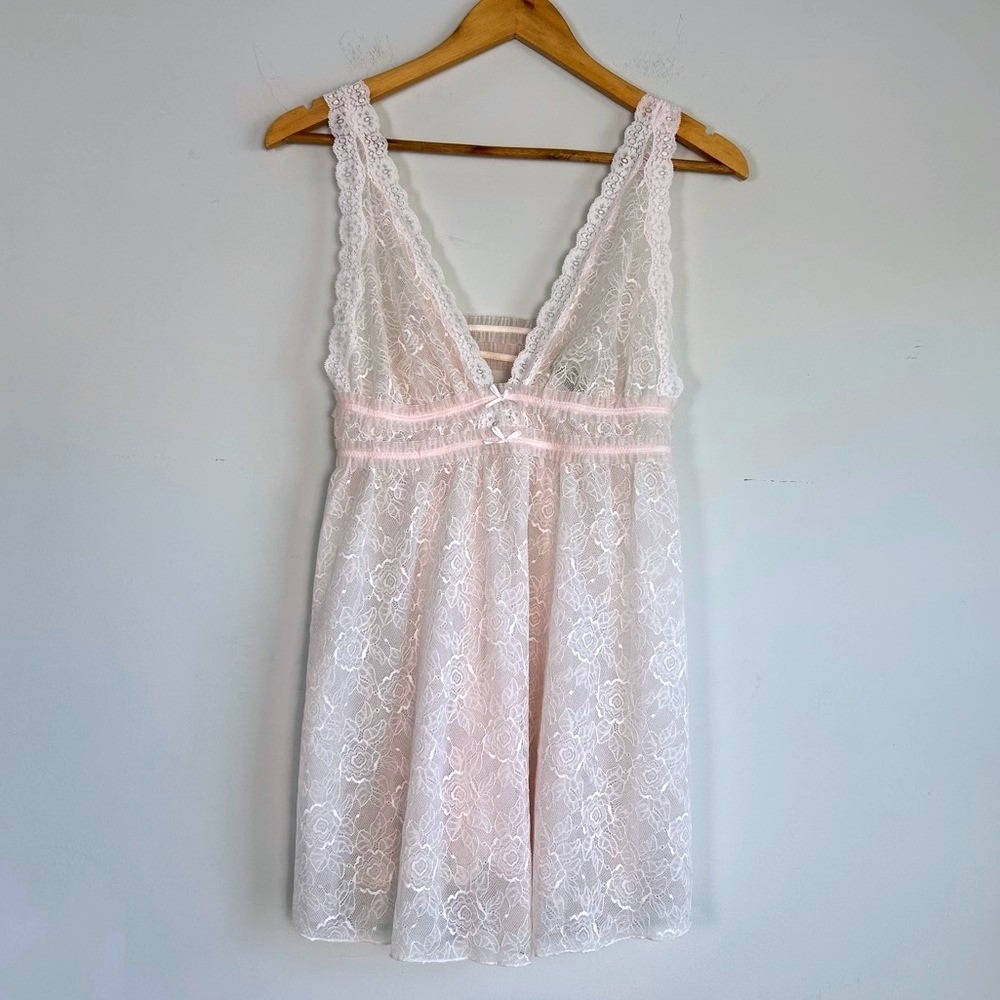 Coquette Lace Babydoll Slip Sheer Dress Medium Fairy Dainty Pink Princess Bows‎